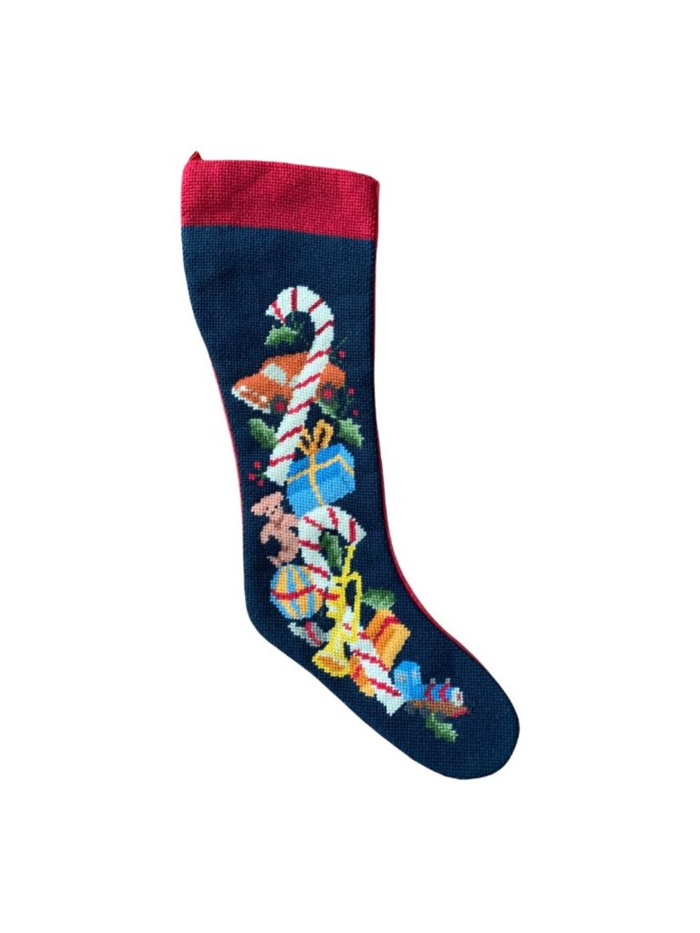 VINTAGE Christmas Needlepoint Stocking Navy & Red Wool 19" Candy Cane Design